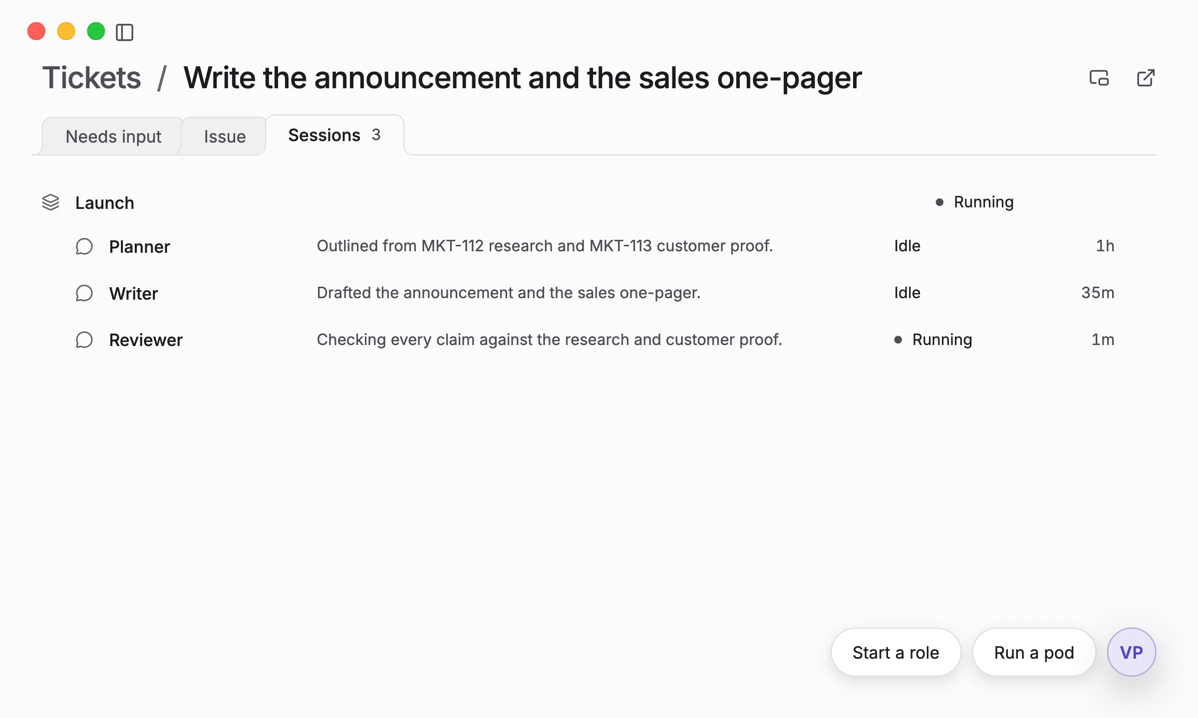 A ticket's Sessions tab: a Planner, a Writer and a Reviewer working on it in sequence.