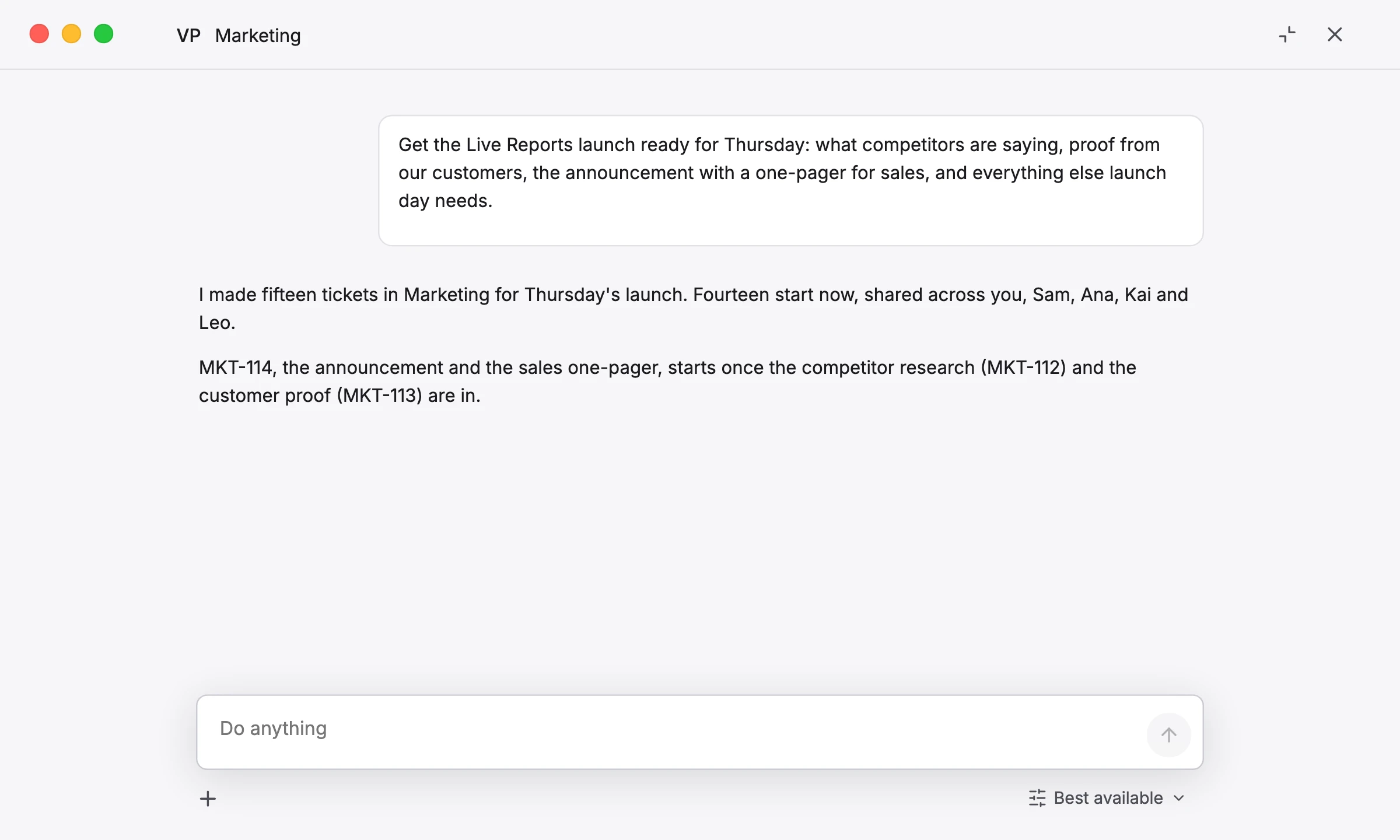 A request to the VP, and the VP's reply: fifteen tickets made in the Marketing department.