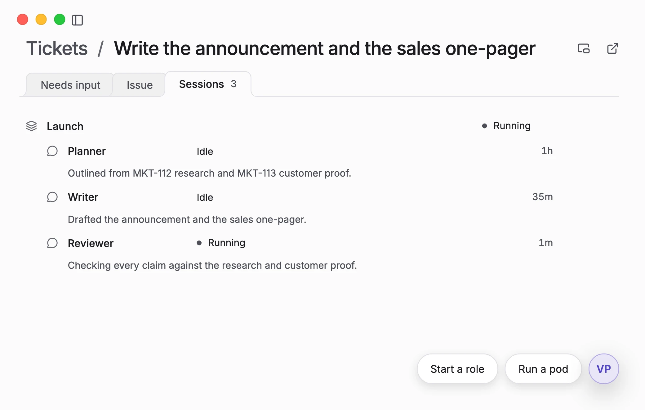 A ticket's Sessions tab: a Planner, a Writer and a Reviewer working on it in sequence.