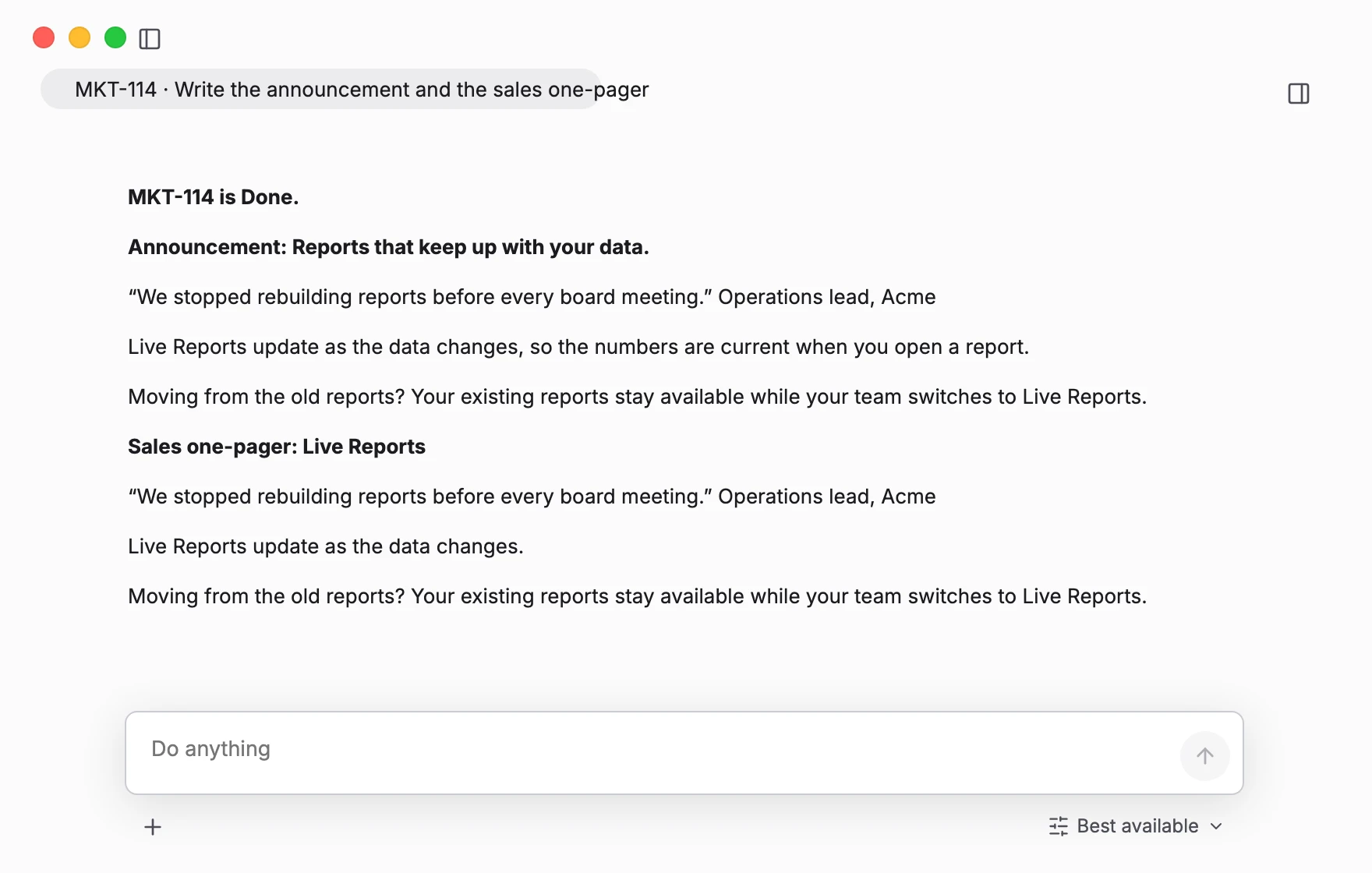 The finished announcement and sales one-pager, opening with the approved customer quote and including the sales lead's line.