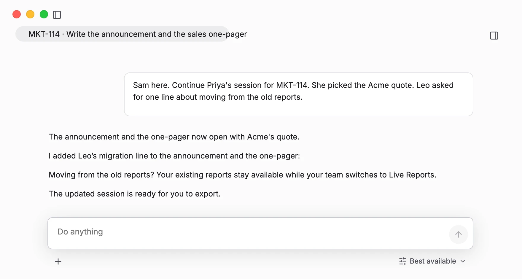 A teammate continues a colleague's session on his own Mac, from the quote she picked.