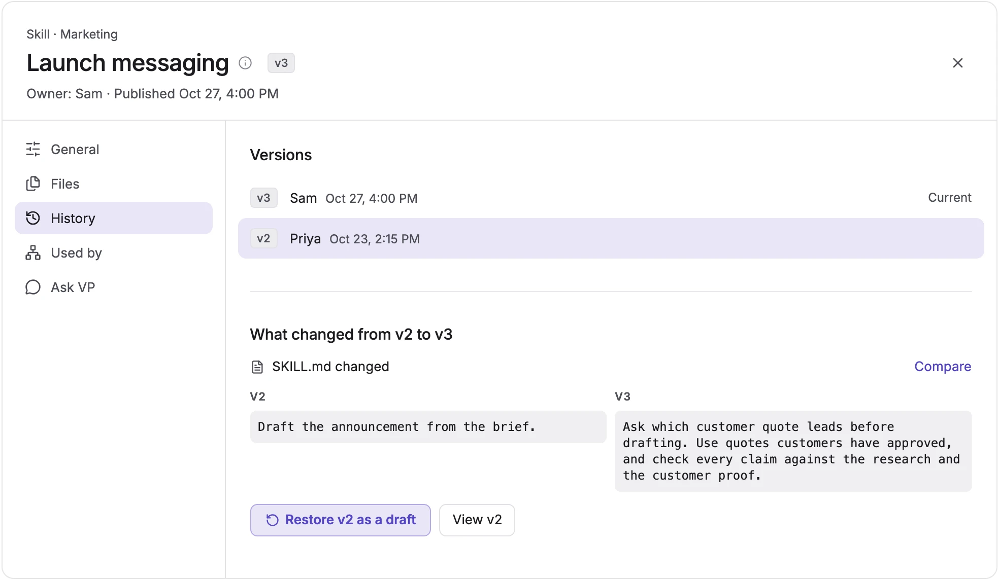 A shared skill's history: version 3 by one teammate, with what changed from version 2.